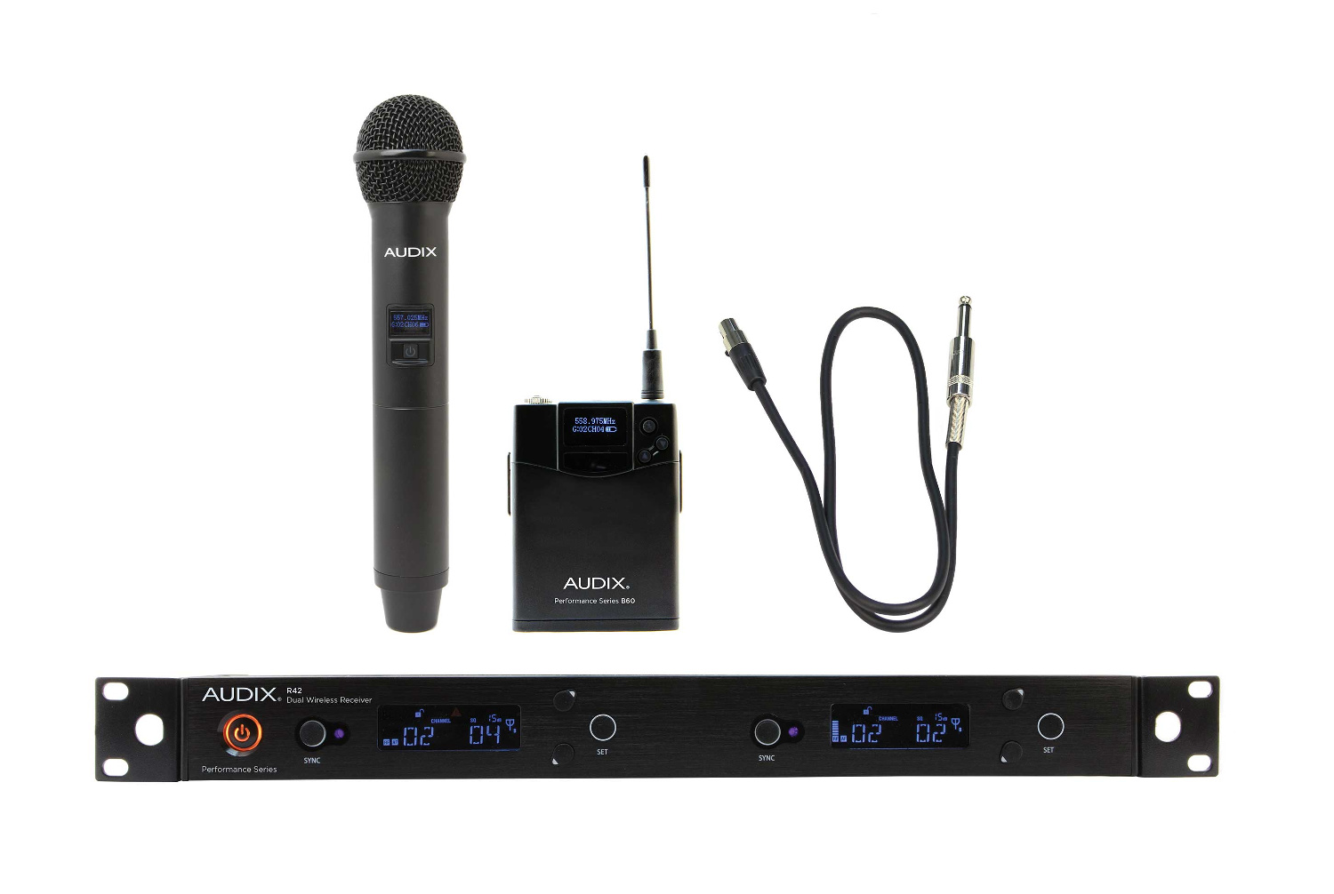 Combination R42 Two Channel Diversity Receiver, H60/OM2 Handheld Transmitter and B60 Bodypack Transmitter with Guitar Cable