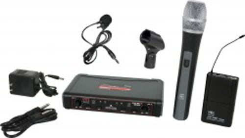 EDXR Receiver, HH38 Hand Held Transmitter, MBP38 Body Back Transmitter, and LV13-UBK Lavalier Microphone