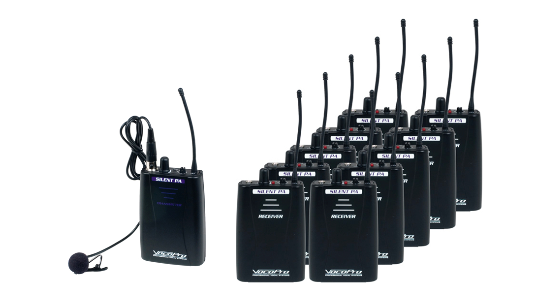 Wireless Intercom/Tourguide System, 10 Receivers, 1 Transmitter, with IE9 Ear Buds