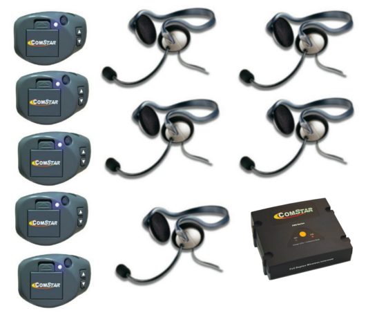Full Duplex Wireless System with (5) ComPak Beltpacks, (1) Comstar Com-Center and (5) Monarch Headsets