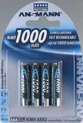 Rechargeable NiMH Batteries, AAA, 1,000 mAh, 4 Pack