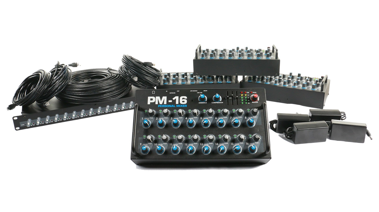 Complete Personal Mixer 4 Pack With 4 PM-16, 1 IM-16, 4 Power Supplies, and Cabling