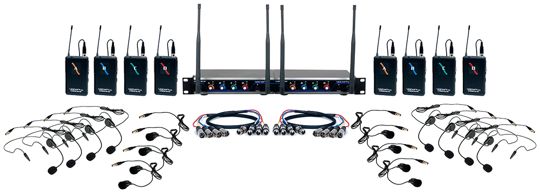 Eight Channel UHF Wireless Headset and Lapel Mic System with Mic-On-Chip Technology