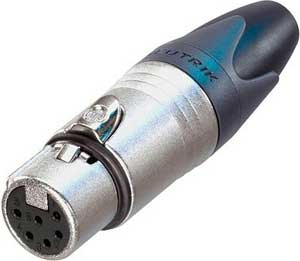 XLR 6-Pin Female Cable Connector, Silver Contacts, Nickel Housing, Switchcraft Pin Layout