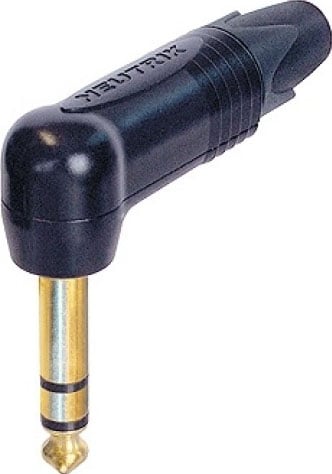 3-Pole 1/4" TRS Right-Angle Phone Plug (Black Shell, Gold Contacts)