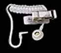 Coiled acoustic eartube with clothing clip for use with earcones — comes with one each small, medium, and large earcones.