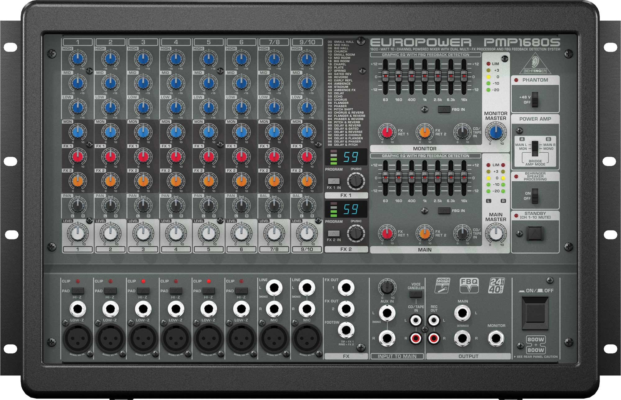 Powered Mixer, 10 Channel (8 mic inputs), 2 x 800W Stereo
