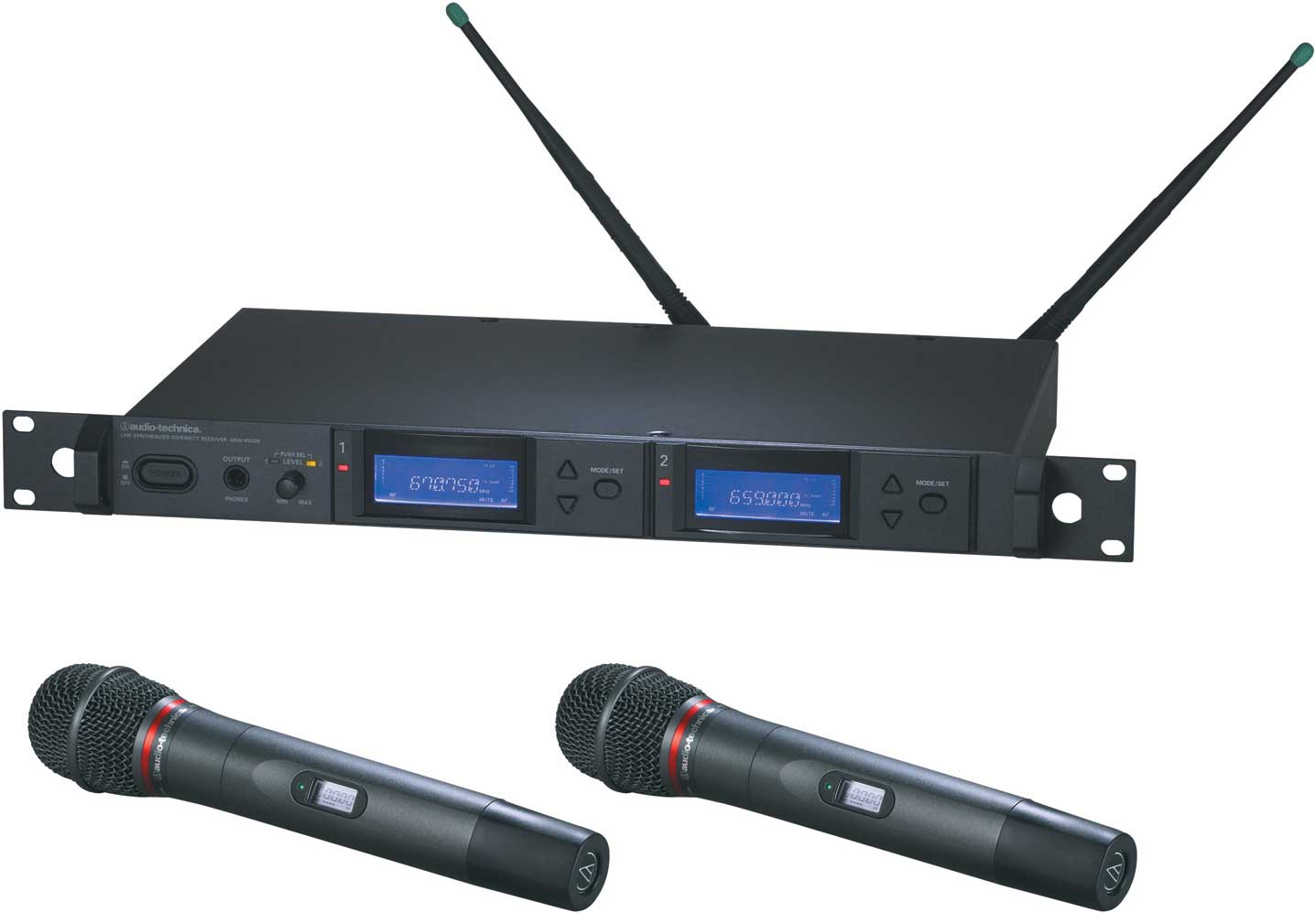 Dual Wireless Microphone Handheld System with 2 x AEW-T6100a Hypercardioid Dynamic Mics, UHF Band C: 541.500 MHz to 566.375 MHz