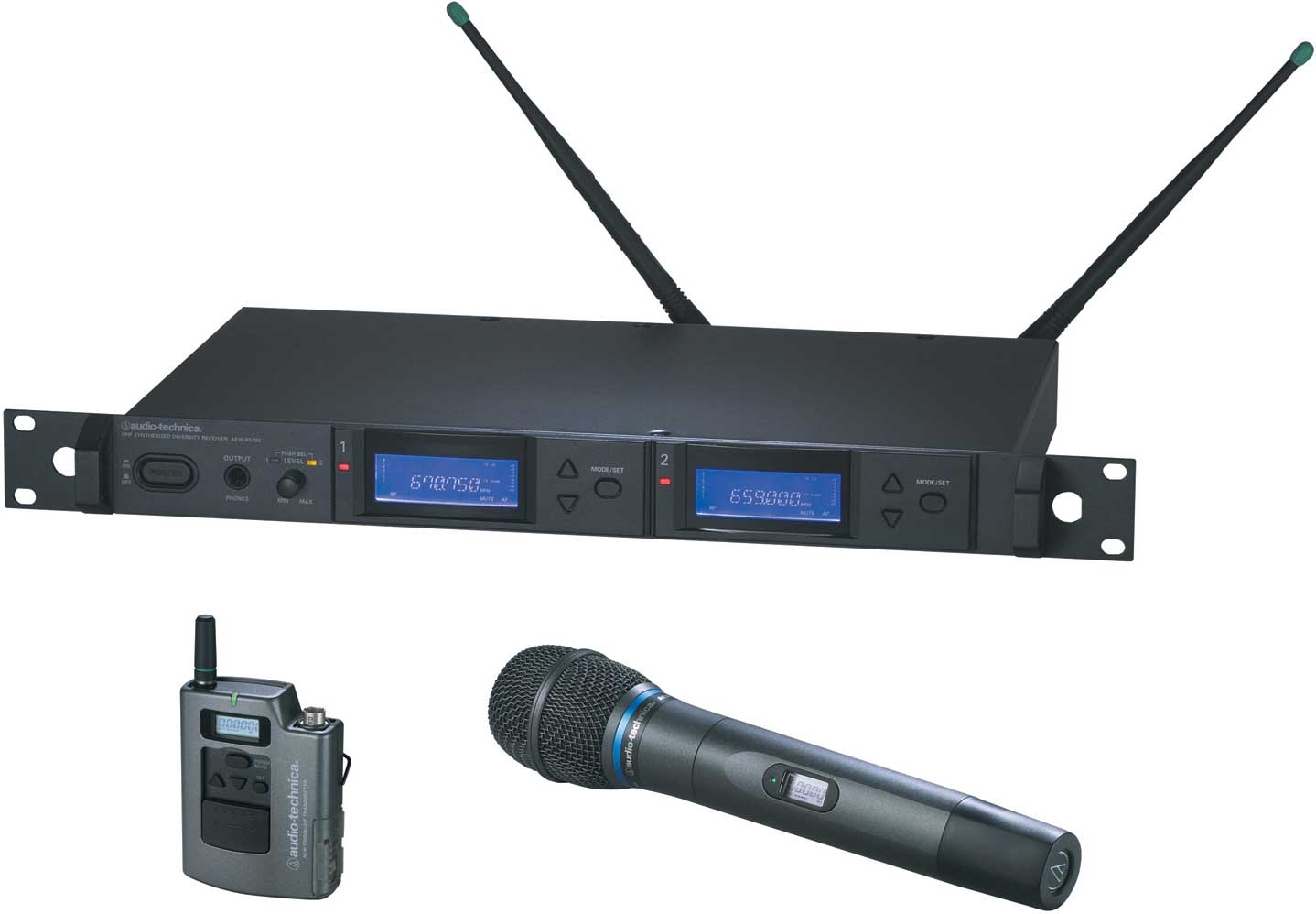 Dual Wireless Microphone System with Bodypack Transmitter & AEW-T5400a Cardioid Condenser Mic/Transmitter, UHF Band C: 541.500 MHz to 566.375 MHz