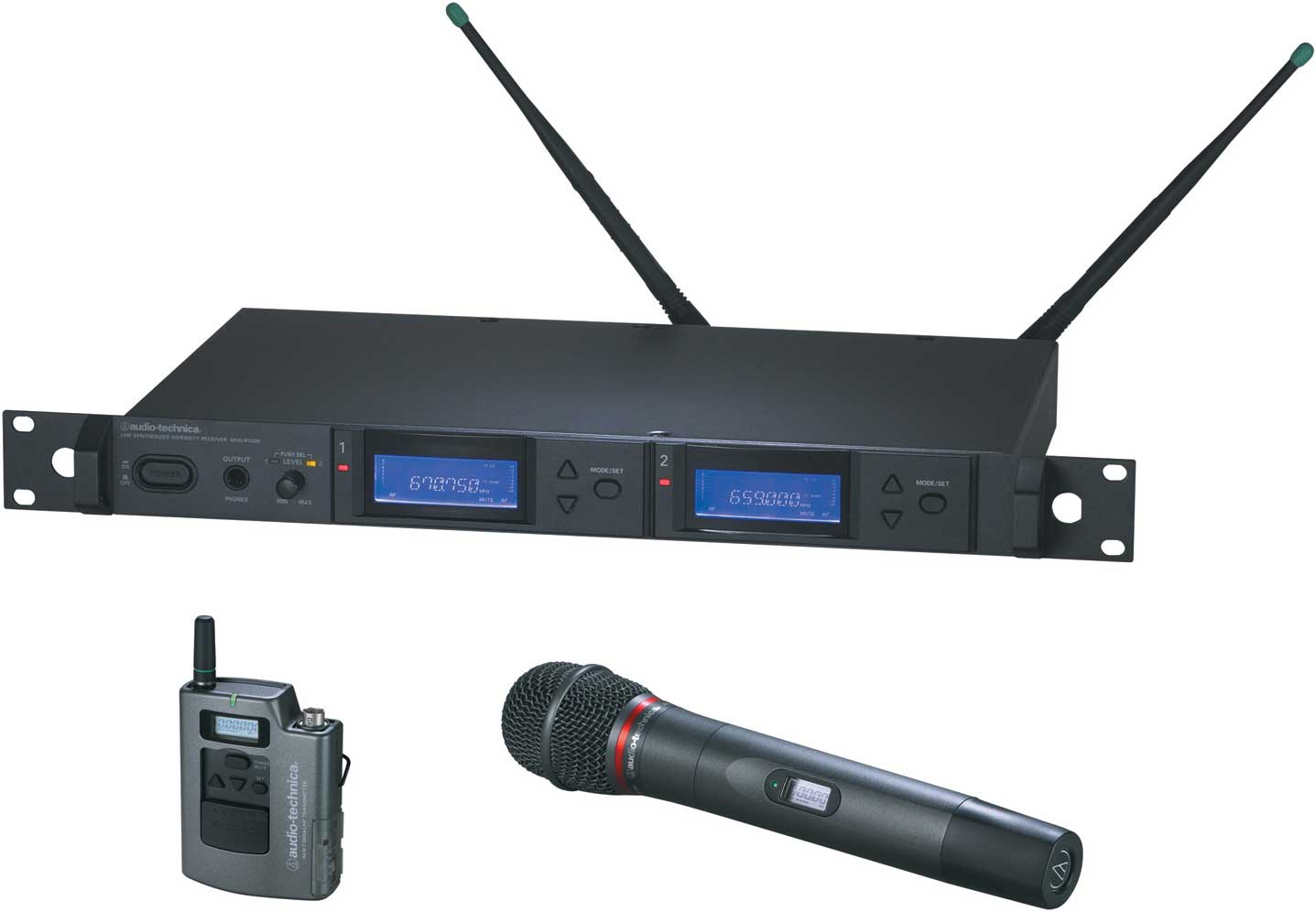 Dual Wireless Microphone System with Bodypack Transmitter & AEW-T6100a Hypercardioid Dynamic Mic/Transmitter, UHF Band C: 541.500 MHz to 566.375 MHz