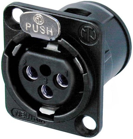 3-Pin XLR-F Panel-Mount Connector/Receptacle (with Vertical PCB Mount, Black Metal Housing, Silver Contacts)