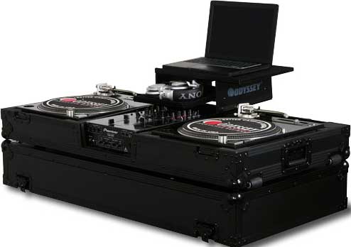 Black Label Glide Style DJ Coffin (for 10" Mixer & 2 Turntables, with Sliding Laptop Platform, All Black Hardware)