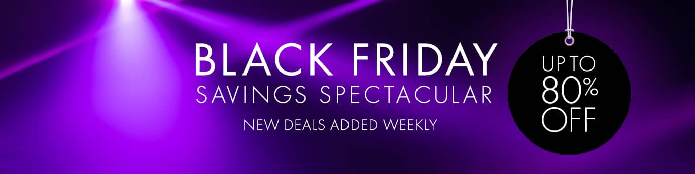 A black background with purple light streams and a black ornament that says Up to 80% off.