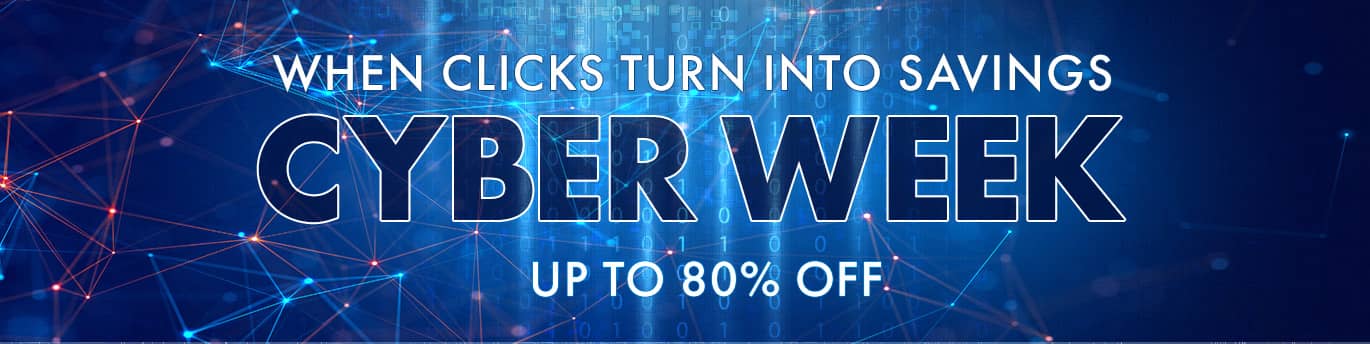 A varied blue background with connecting lines and faded numbers. Text: Cyber Week Savings, when clicks turn to savings. Up to 80% OFF!