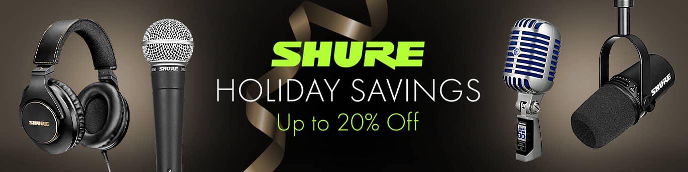 A pair of headphones and three microphones. Shure Holiday Savings and Up to 20% Off.
