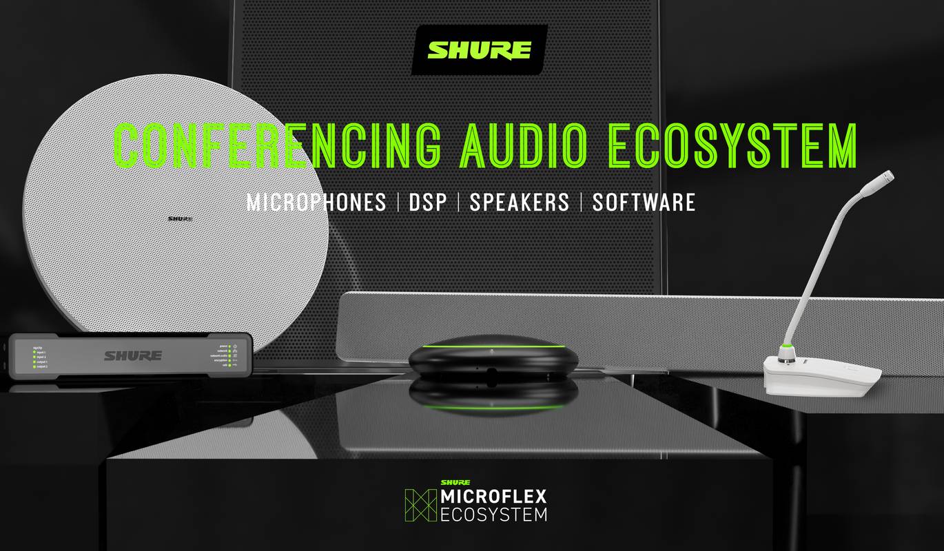The Shure Microflex Conferencing System set out on a table.