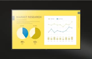 A commercial conferencing display with a yellow background and market research charts.