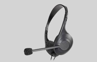 A black, wired microphone headset