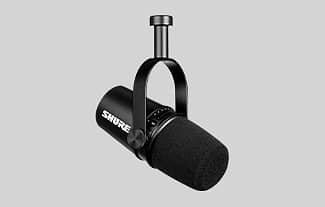 A black USB microphone by Shure.