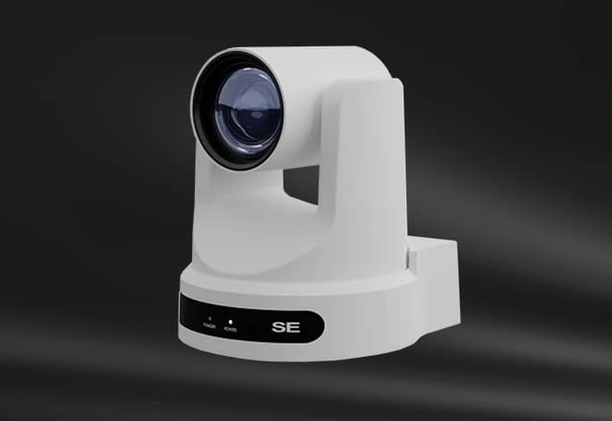 A white, auto-tracking conferencing camera.
