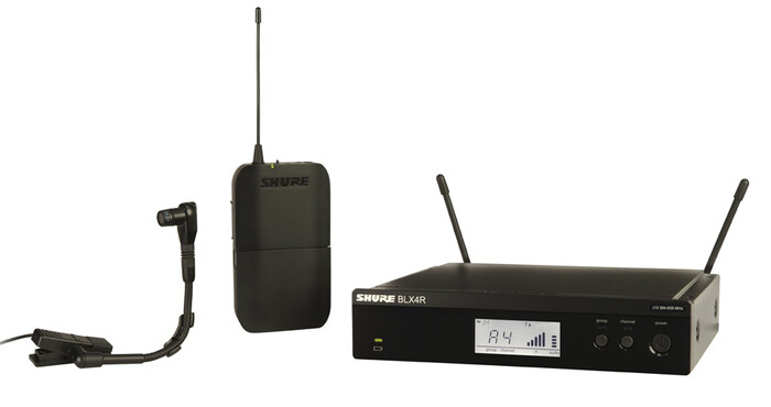 Shure BLX14R/B98-J10 BLX Series Single-Channel Rackmount Wireless Bodypack System With Clip-On Instrument Mic, J10 Band (584-608MHz)