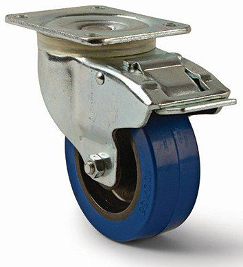 Rose Brand Soft Rubber Swivel Caster 4" Heavy Duty Caster With Brake, Blue Wheel