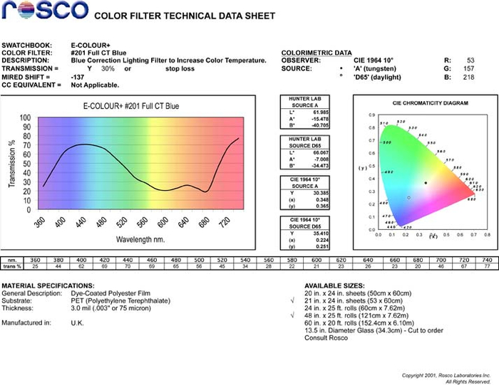 Rosco E-Colour #201 Full CT Blue, 48"x25' Roll