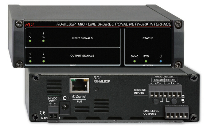 RDL RU-MLB2P Network Interface, 2  Mic/Line Ins, Dante In, 2 Balance Outs, Dante Out, PoE
