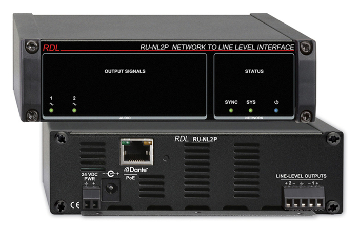 RDL RU-NL2P Network To Line Level Interface, Dante Input, 2 Balanced Line Outputs, With PoE