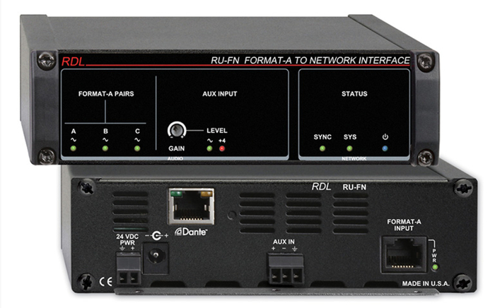 RDL RU-FN Format A To Network Interface, 1 Format A, 1 Balance Line Aux Input, Dante Output