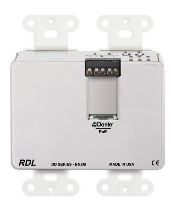 RDL DD-BN2M Wall-Mounted Mic/Line Dante Interface 2x2 , 2 XLR In, 2 Out On Rear-Panel, White