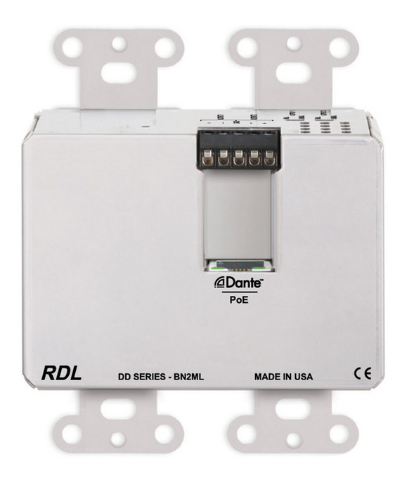 RDL DDS-BN2ML Wall-Mounted Mic/Line Dante Interface 2x2 , 1 XLR In, 1 1/8" In, 2 Out, Stainless Steel