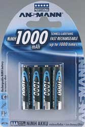 Ansmann AAA-RECHARGEABLES Rechargeable NiMH Batteries, AAA, 1,000 MAh, 4 Pack