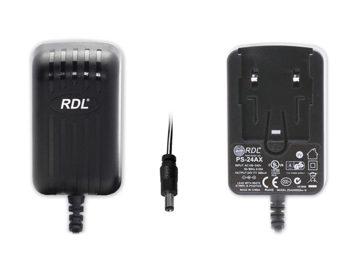 RDL PS-24AX 24Vdc Switching Power Supply, Interchangeable AC Plug, 500mA, Dc Plug