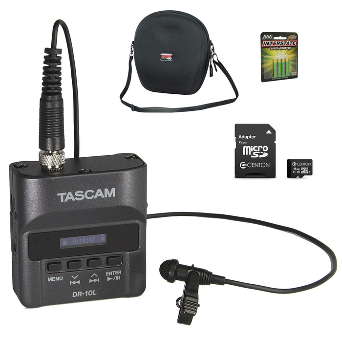 Tascam DR-10L Recorder / Lav Mic Bundle DR10L Recorder Kit With Carry Case, 16GB MicroSDHC Card, Batteries