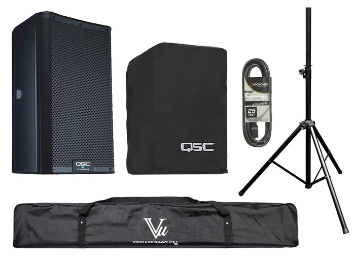 QSC K8.2-SINGLE-K Powered Speaker Bundle With Cover, Stand, Stand Bag, XLR Cable, Plug Strip And Extension Cord