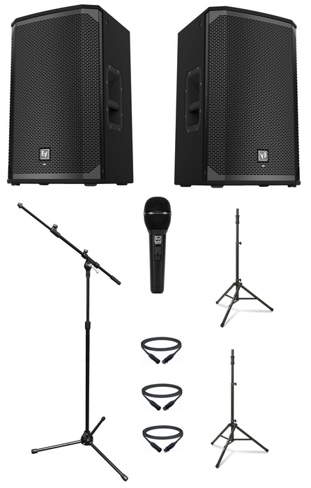 Electro-Voice Dual EKX-12P Bundle 3 Kit With 2 EKX-12P 12" Speakers, 1 ND765 Microphone, Mic Stand, 2 Speaker Stands And 3 Cables