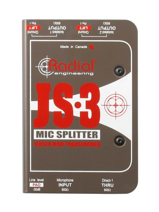 Radial Engineering JS3 Mic Splitter, Passive, 1 Input, 1 Direct Output And 2 Jensen Isolated Outputs