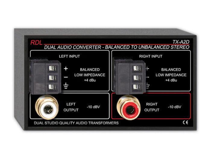 RDL TX-A2D Dual Audio Converter, Balanced To Unbalanced-Terminals, Dual-RCA