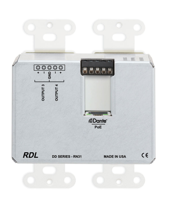 RDL DD-RN31 Wall-Mounted Dante Interface, 2 XLR In, 2 RCA In, 1/8 In,1/8 Out, 2 Out