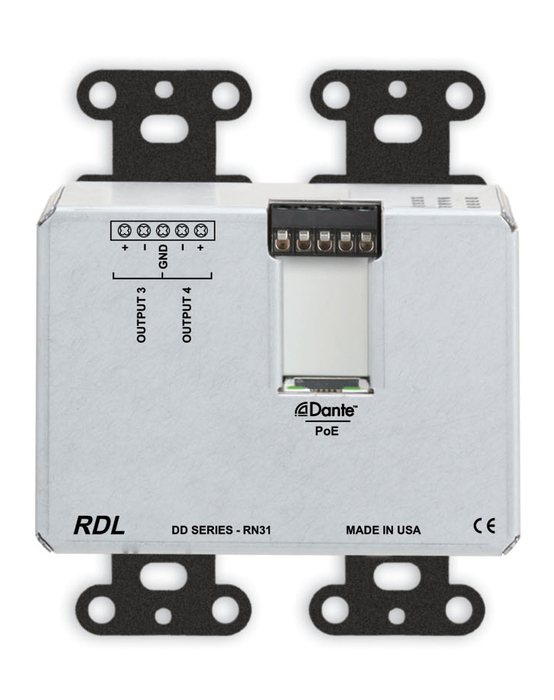 RDL DDB-RN31 Wall-Mounted Dante Interface, 2 XLR In, 2 RCA In,1/8 In, 1/8 Out, 2 Out