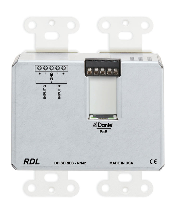 RDL DD-RN42 Wall-Mounted Dante Interface, 2 XLR In, 2 XLR Out, 2 T Block In, White