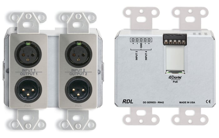 RDL DDS-RN42 Wall-Mounted Dante Interface, 2 XLR In, 2 XLR Out, 2 In, Stainless Steel