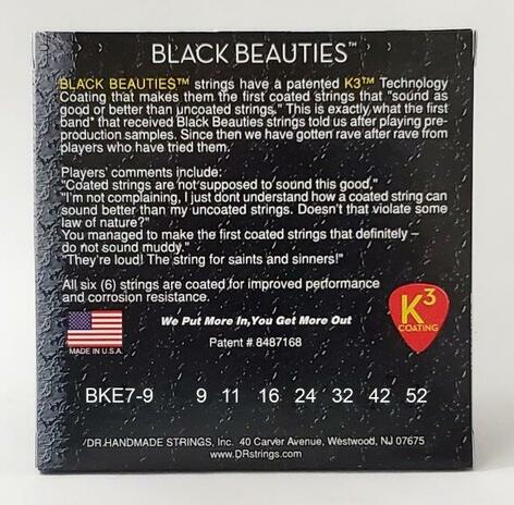 DR Strings BKE7-9 Light Black Beauties K3 Coated Electric Guitar 7-String Set