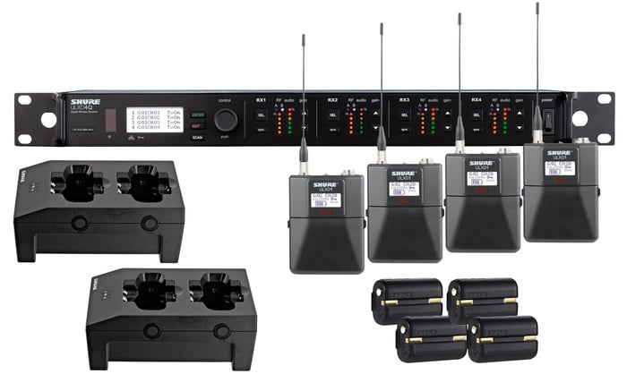 Shure ULXD14Q-H50 ULXD Quad Channel Wireless Bundle With Bodypack, Receiver, Battery And 2 Chargers, In H50 Band