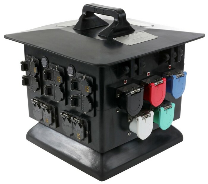 Lex DB100NP-ABB-S3-RGN Rubber Enclosure 100A Panel Mount Cam Inlet, 15x 20A 5-20 Duplex Receptacles, Type 3R, Reverse Ground And Neutral