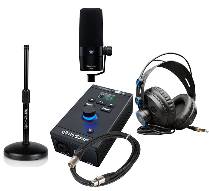 PreSonus Voice Over PD-70 Revelator IO44 Bundle Dynamic Microphone With Audio Interface, Desktop Mic Stand, Headphones And XLR Cable