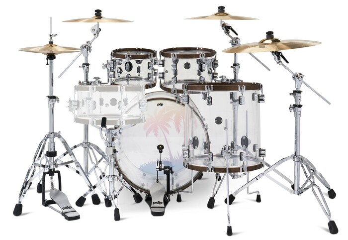 Pacific Drums 25th Anniversary Clear Acrylic 4-piece Drum Kit Seamless Acrylic Shells, Walnut-stained Hoops, And Commemorative Badges