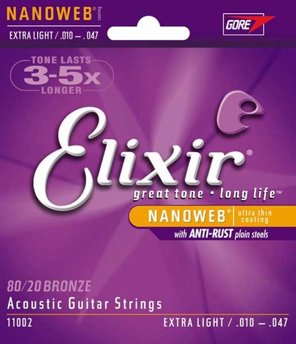 Elixir 11002 Extra Light 80/20 Bronze Acoustic Guitar Strings With NANOWEB Coating