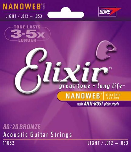 Elixir 11052 Light 80/20 Bronze Acoustic Guitar Strings With NANOWEB Coating